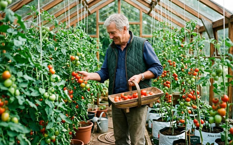 UK gardener picking ripe tomatoes from tall cordon plants trained up strings to the greenhouse ridge