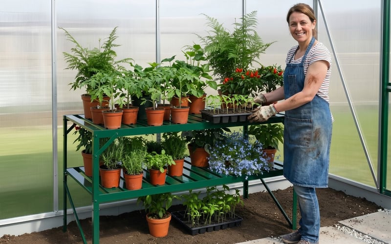 Gardener arranging young tomato plants in pots on green two-tier greenhouse staging