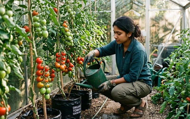 Gardener feeding greenhouse tomato plants growing in grow bags with a watering can