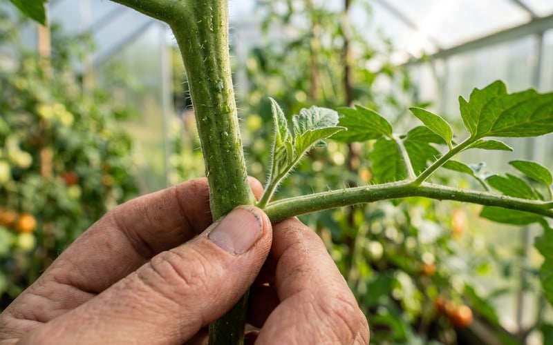 Close-up of a tomato side shoot in the leaf axil being pinched out between finger and thumb