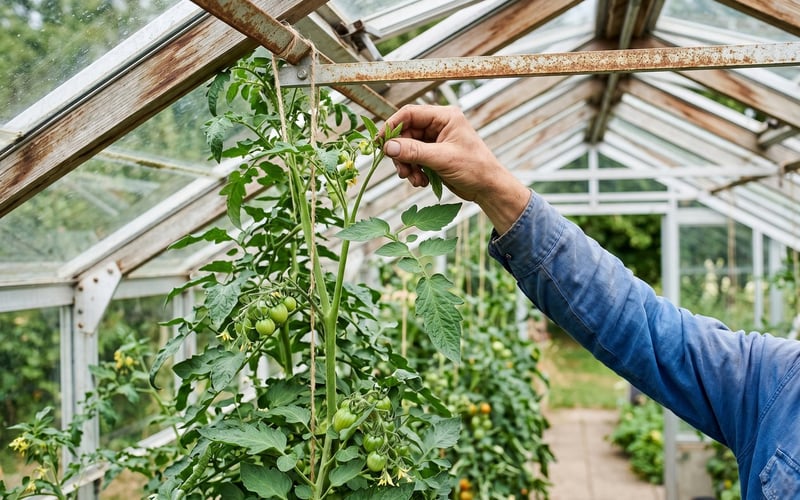 Gardener pinching out the growing tip at the top of a tall cordon tomato plant near the greenhouse ridge
