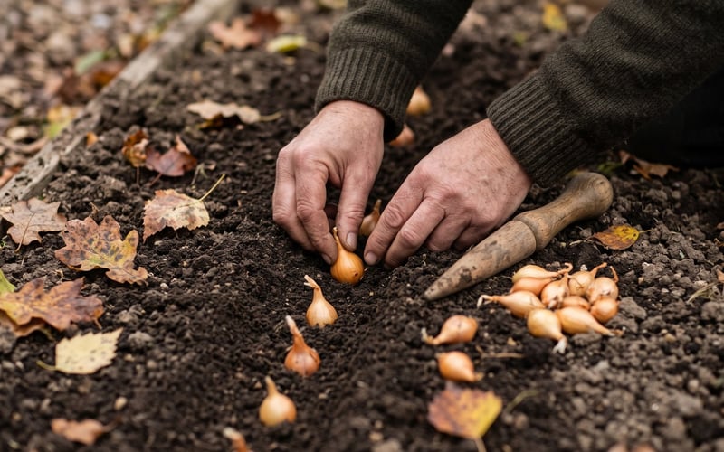 Hands pressing onion sets into a row of soil with the pointed tips just showing
