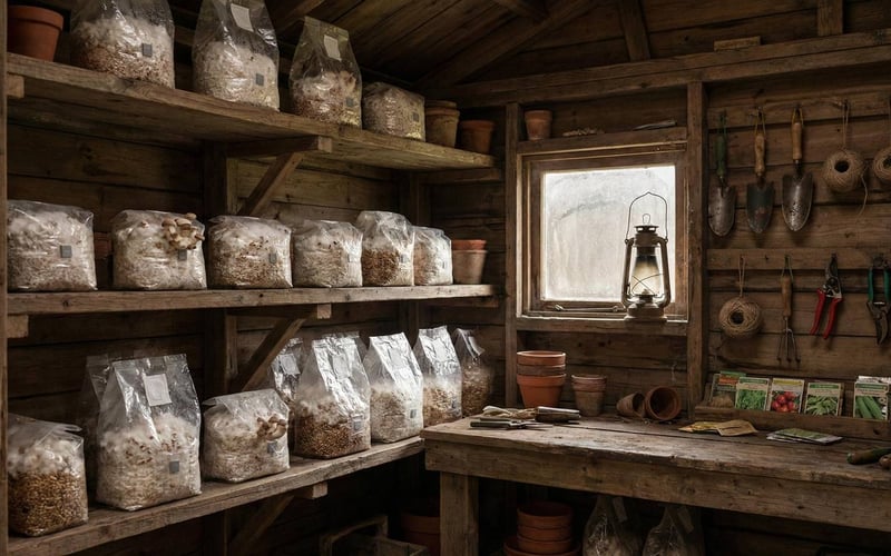 Wooden potting shed interior with shelves holding mushroom spawn bags during the dark incubation phase