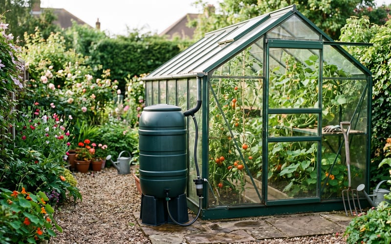 Green aluminium greenhouse with a water butt collecting rainwater from the downpipe in a UK garden