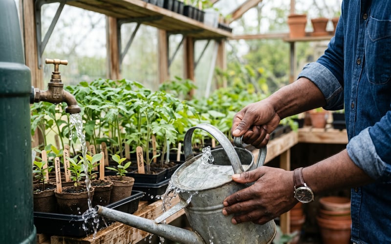 Watering can filled from a water butt tap watering young seedlings on greenhouse staging