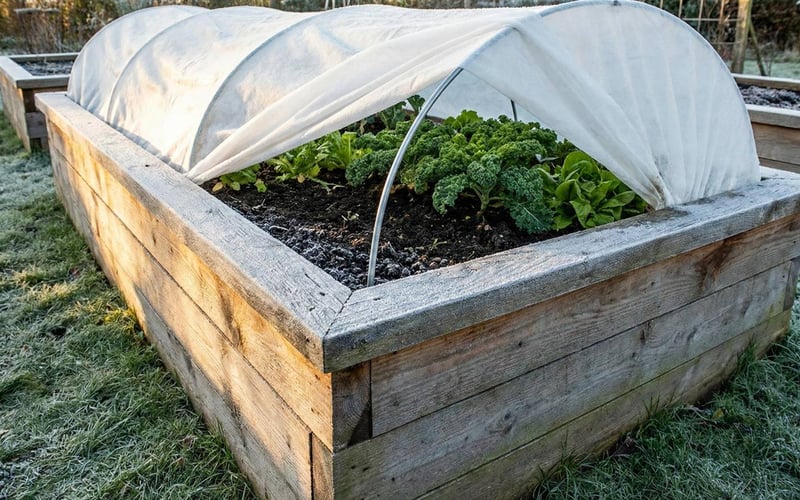 Wooden raised bed covered with fleece cloche protecting early crops from frost