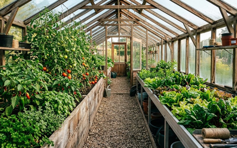 Summer bedding plants hardening off in a UK greenhouse in mid-May before planting out