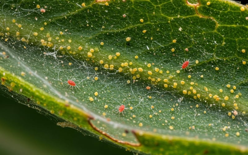 Red spider mite webbing on greenhouse plant leaves showing fine silk threads