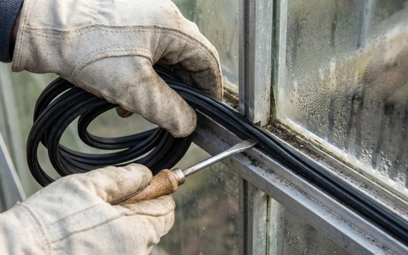 A person replacing a rubber glazing gasket in an aluminium greenhouse frame