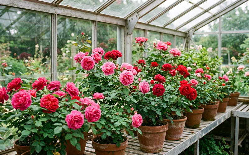 Pink and red roses in full bloom inside a UK greenhouse with staging and pots