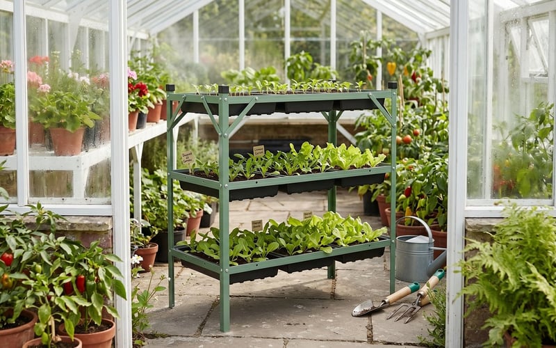Elite three tier seed tray frame holding rows of salad seedlings at different growth stages inside a greenhouse