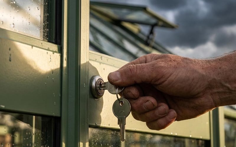 Gardener locking a greenhouse door and checking vents before a storm