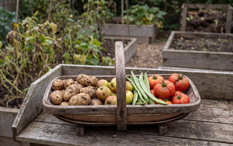 Potatoes, apples, runner beans and tomatoes in a wooden harvest trug