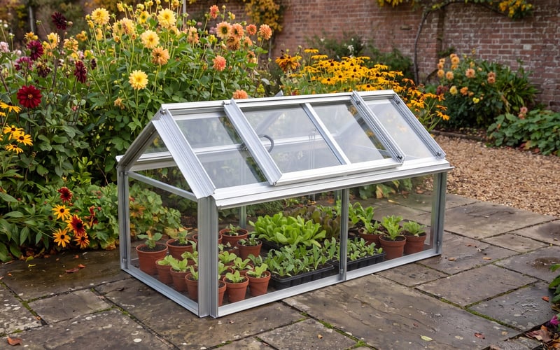 Elite Min E Lite 4x2 silver cold frame sheltering pots of young winter lettuce and rocket