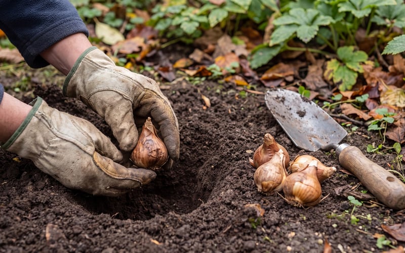 Gloved hands lowering a daffodil bulb into a planting hole