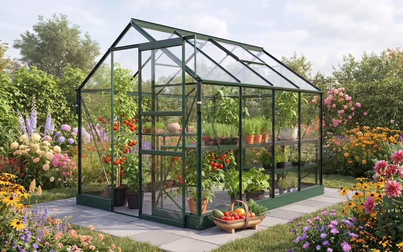 Green Vitavia Apollo 5000 greenhouse in a September garden with tomatoes and a harvest basket
