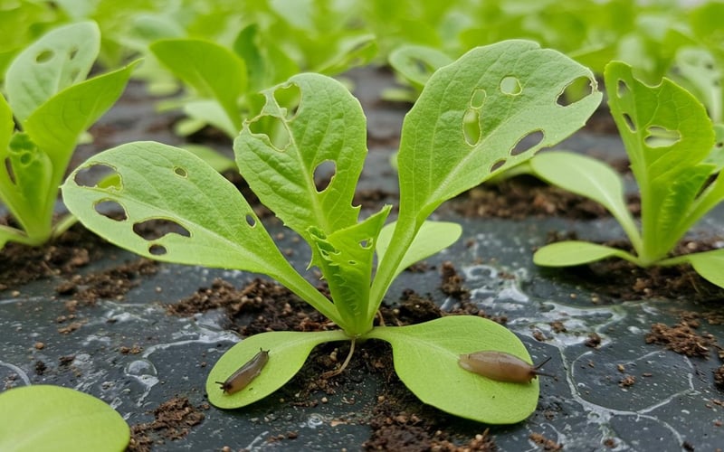 Slug damage on greenhouse seedlings with silver slime trail visible on staging