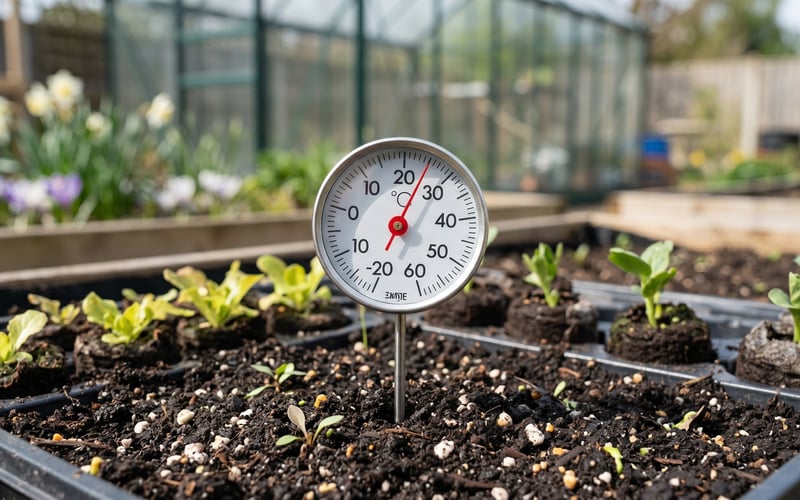 Vitavia soil thermometer pushed into a seed tray to check the soil is warm enough to plant out in a spring UK garden