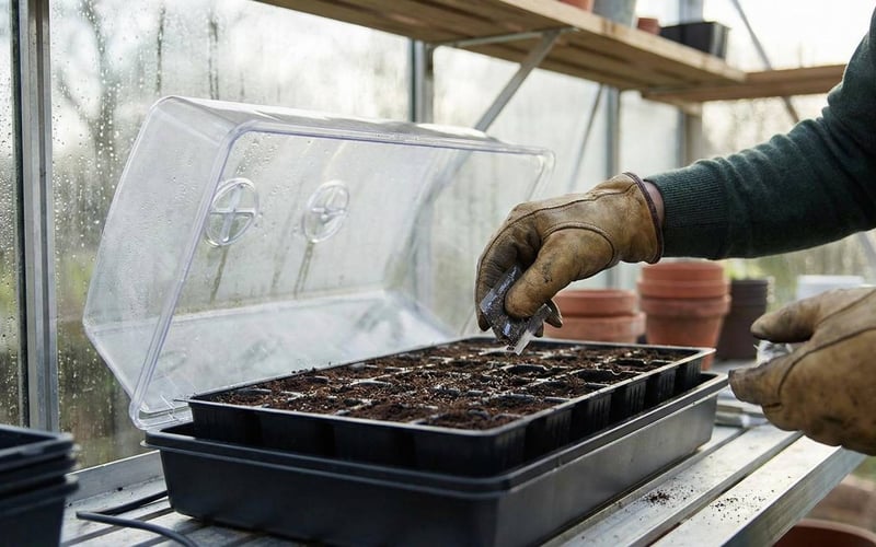 Gardener sowing seeds into a heated propagator inside a greenhouse