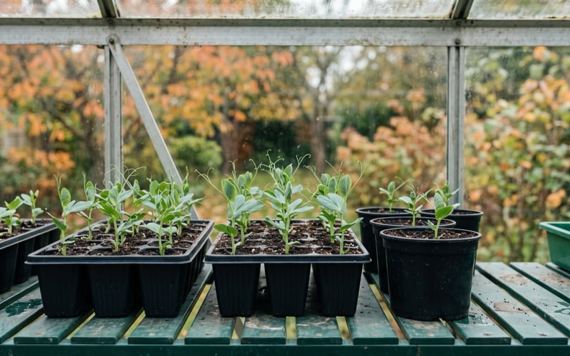 Young sweet pea seedlings in deep pots on greenhouse staging in autumn light