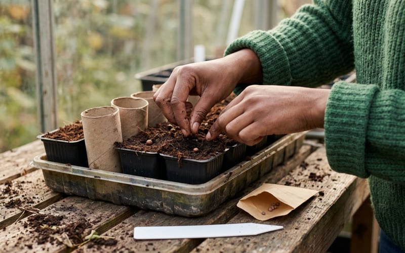 Hands pushing sweet pea seeds into deep pots of compost on a potting bench