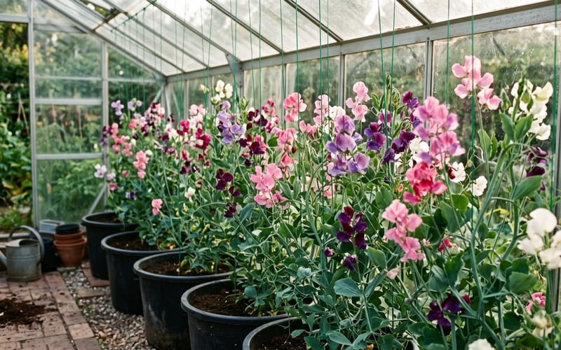 Sweet peas in full flower in pink, purple and white, climbing green garden wires from tubs to the roof brace of a greenhouse