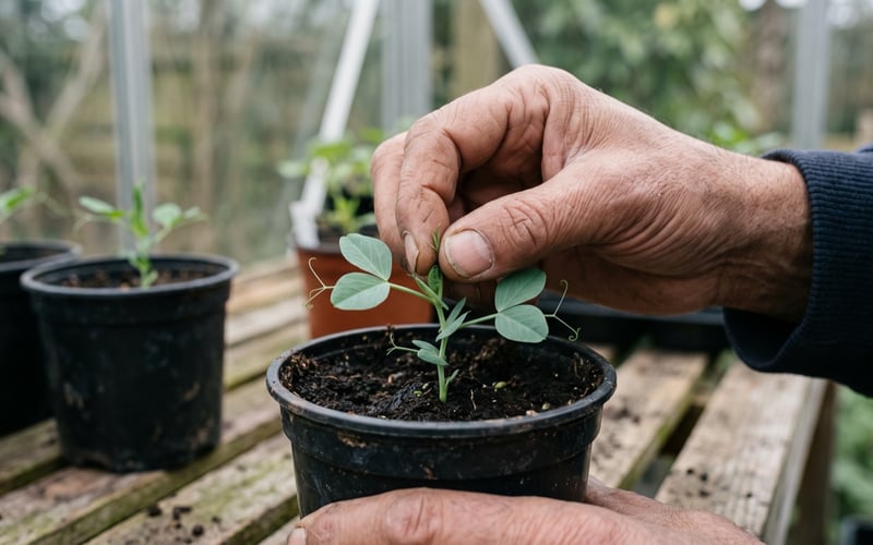 Fingers pinching out the growing tip of a young sweet pea seedling in a pot