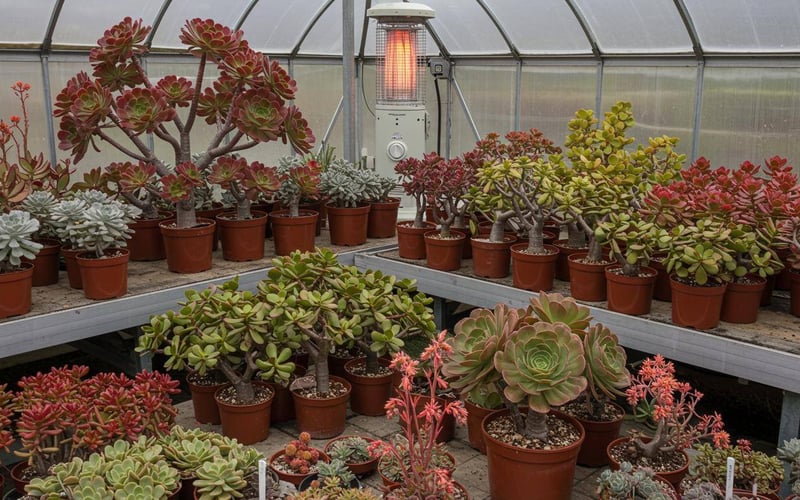 Tender succulents including Aeonium and Crassula in a heated UK greenhouse