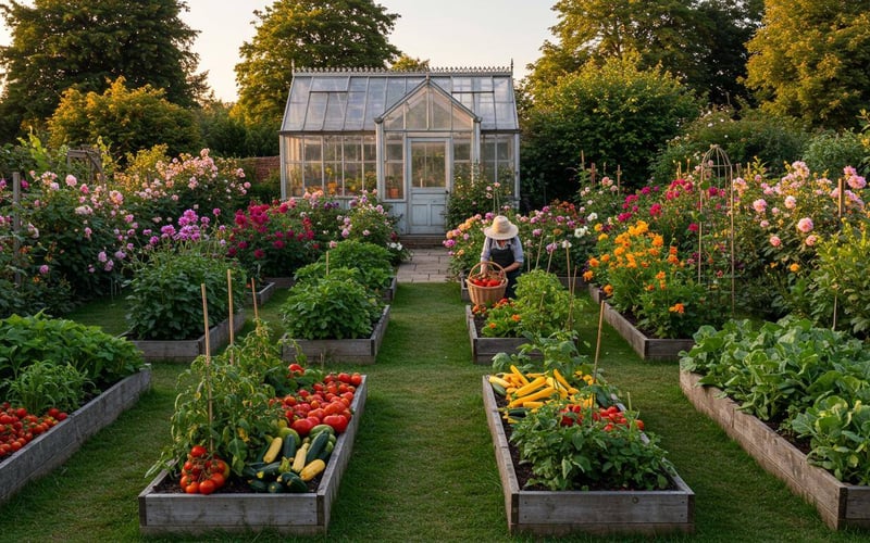 Thriving August garden showing vegetable harvest, flowering plants and greenhouse with gardener working.