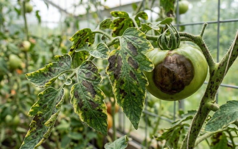 Tomato blight showing dark brown blotches on the leaves and a sunken patch on a green fruit