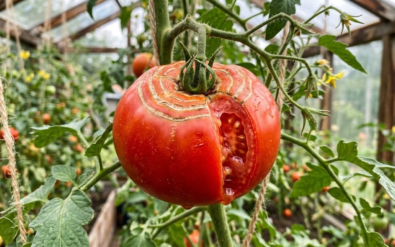 Ripe greenhouse tomato with concentric ring cracks around the shoulder and a split down the side