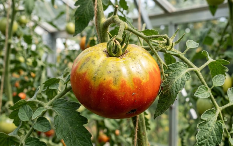 Greenhouse tomato ripening unevenly with hard yellow-green shoulders, a sign of greenback