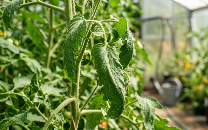 Greenhouse tomato leaves rolling upward from heat and water stress, usually harmless leaf roll