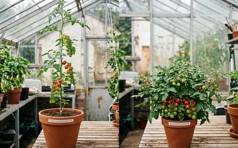 Side-by-side comparison of a tall cordon indeterminate tomato plant and a low bushy determinate tomato plant