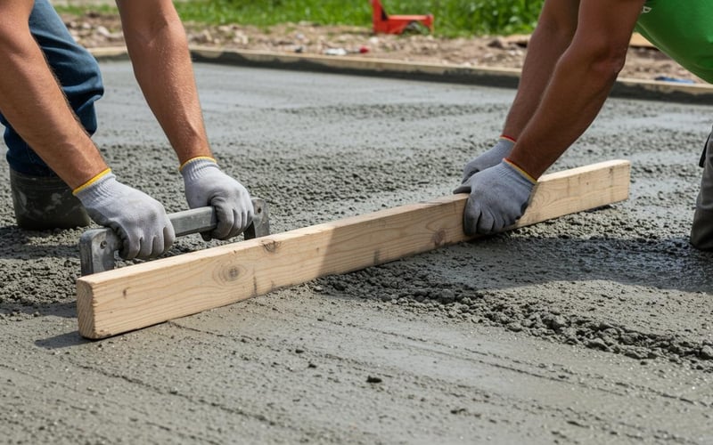 Two people using a wooden tamping beam to level fresh concrete