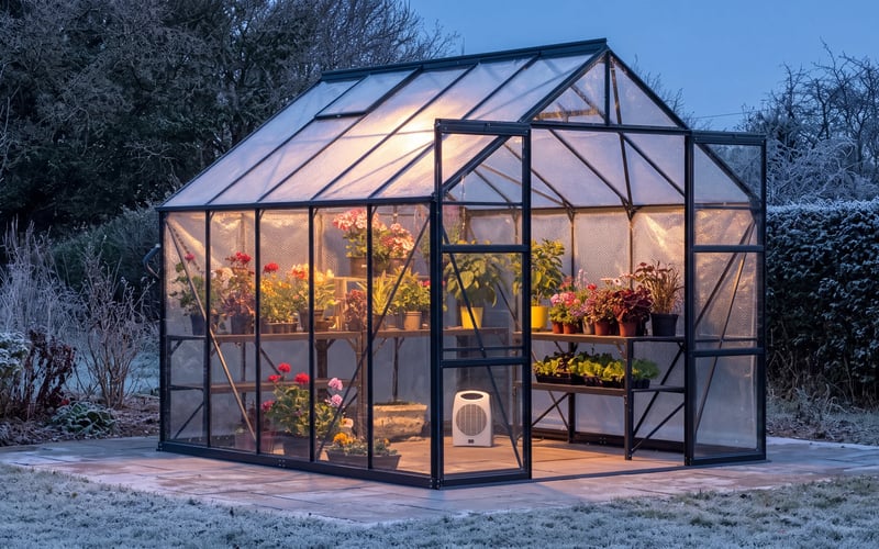 Black Vitavia Phoenix 8x10 greenhouse lit up at dusk in a frosty garden, lined with bubble wrap, with pelargoniums on staging and a small electric heater on the floor
