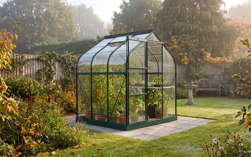 Green Vitavia Orion 6x6 greenhouse with tomatoes and peppers inside, in a British back garden on a misty early autumn morning