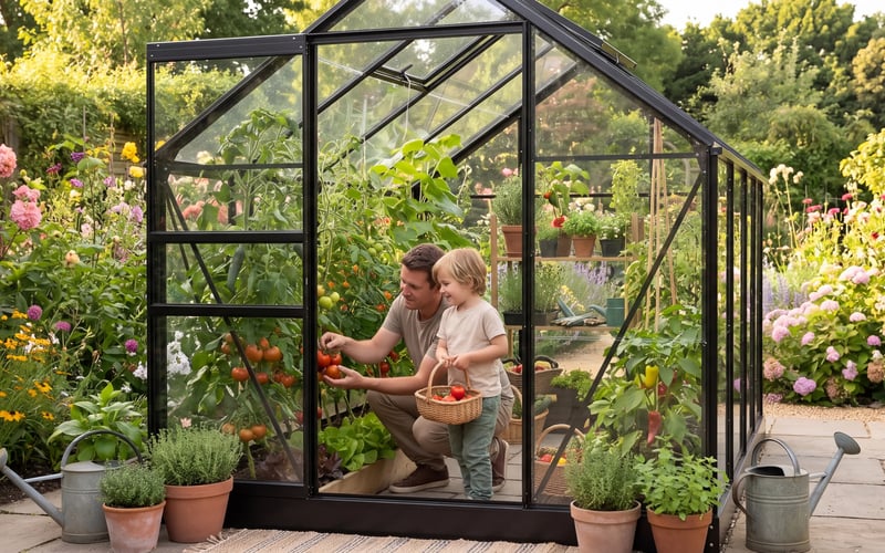 Parent and young child picking ripe tomatoes into a wicker basket inside a Vitavia 8x6 black Venus glass greenhouse in a sunny British garden