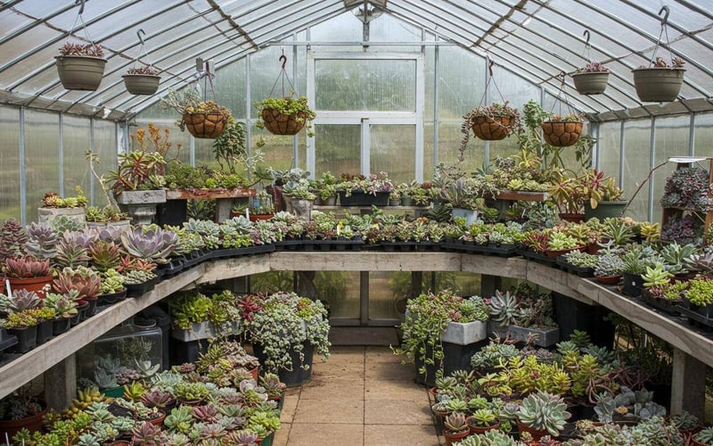 Succulent display arrangements using tiered benching in a UK greenhouse