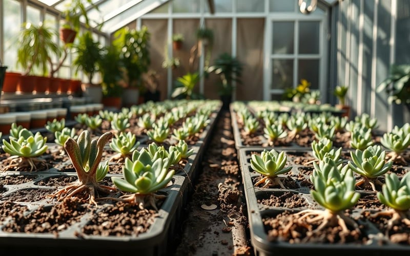 Succulent propagation in a UK greenhouse showing leaf cuttings