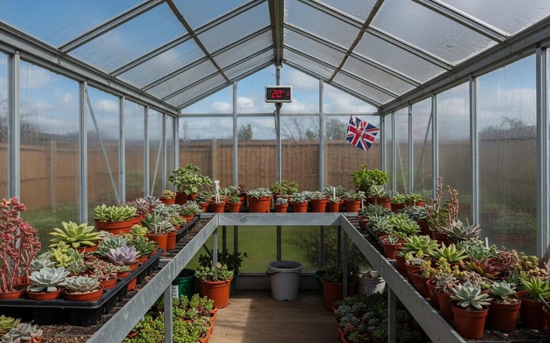 A collection of succulents thriving in a UK greenhouse