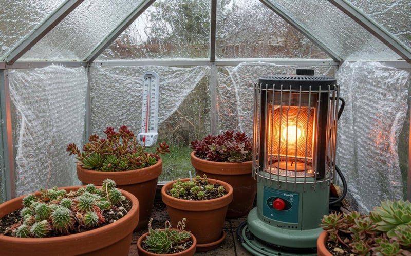 UK greenhouse winter protection with bubble wrap insulation and heater