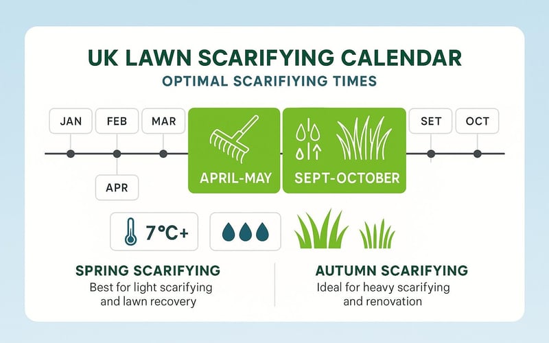 UK lawn scarifying calendar showing best months - April May September October timing guide with temperature soil conditions.