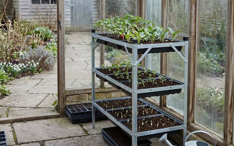 Elite 3-tier seed tray frame inside a greenhouse filled with trays of young seedlings at various stages in late winter