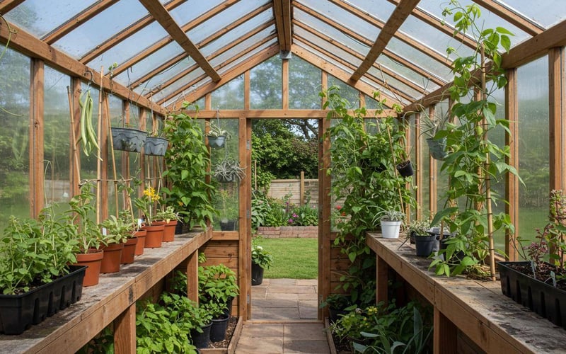 Vertical growing system in greenhouse with climbing exotic plants maximising space.