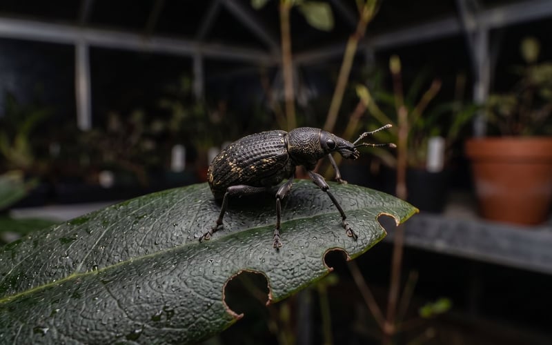 Adult vine weevil identification showing a dull-black broad-snouted beetle on a notched greenhouse leaf