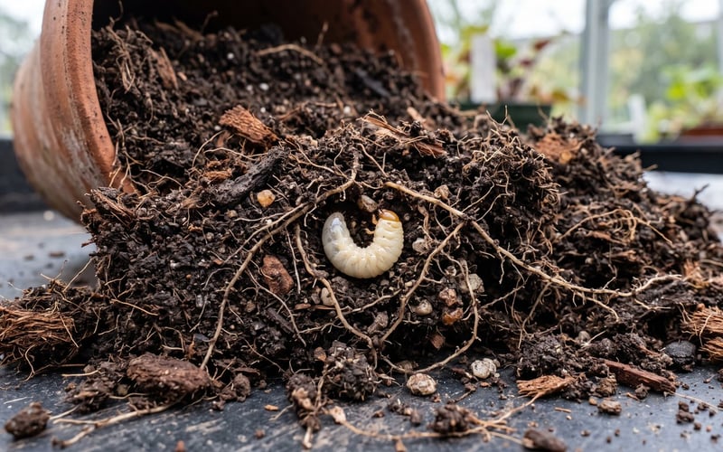 C-shaped vine weevil grub beside damaged roots in greenhouse potting compost