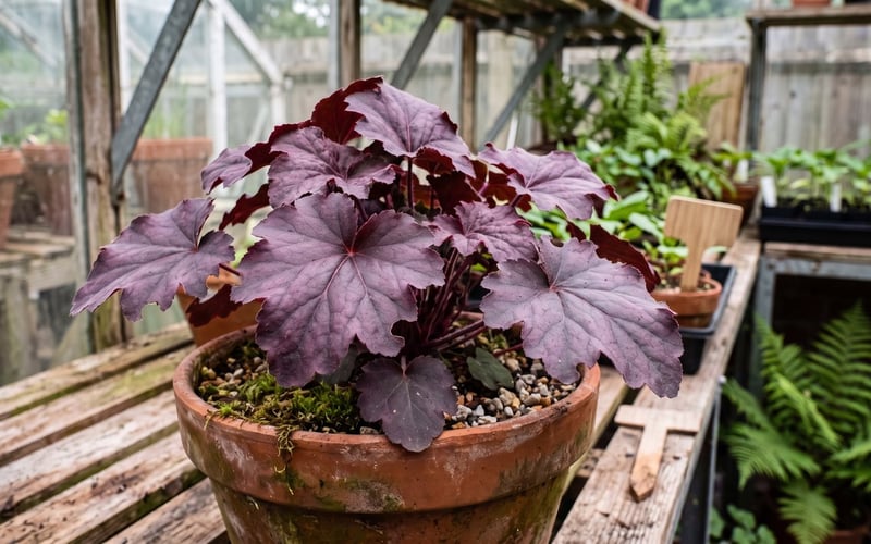 Vine weevil leaf notching on heuchera grown in a greenhouse pot