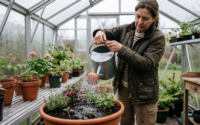 Applying vine weevil nematodes evenly to moist greenhouse potting compost with a watering can