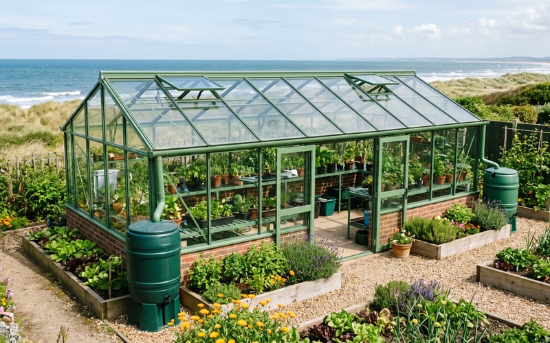 Large greenhouse with full guttering feeding two water butts in a coastal UK garden